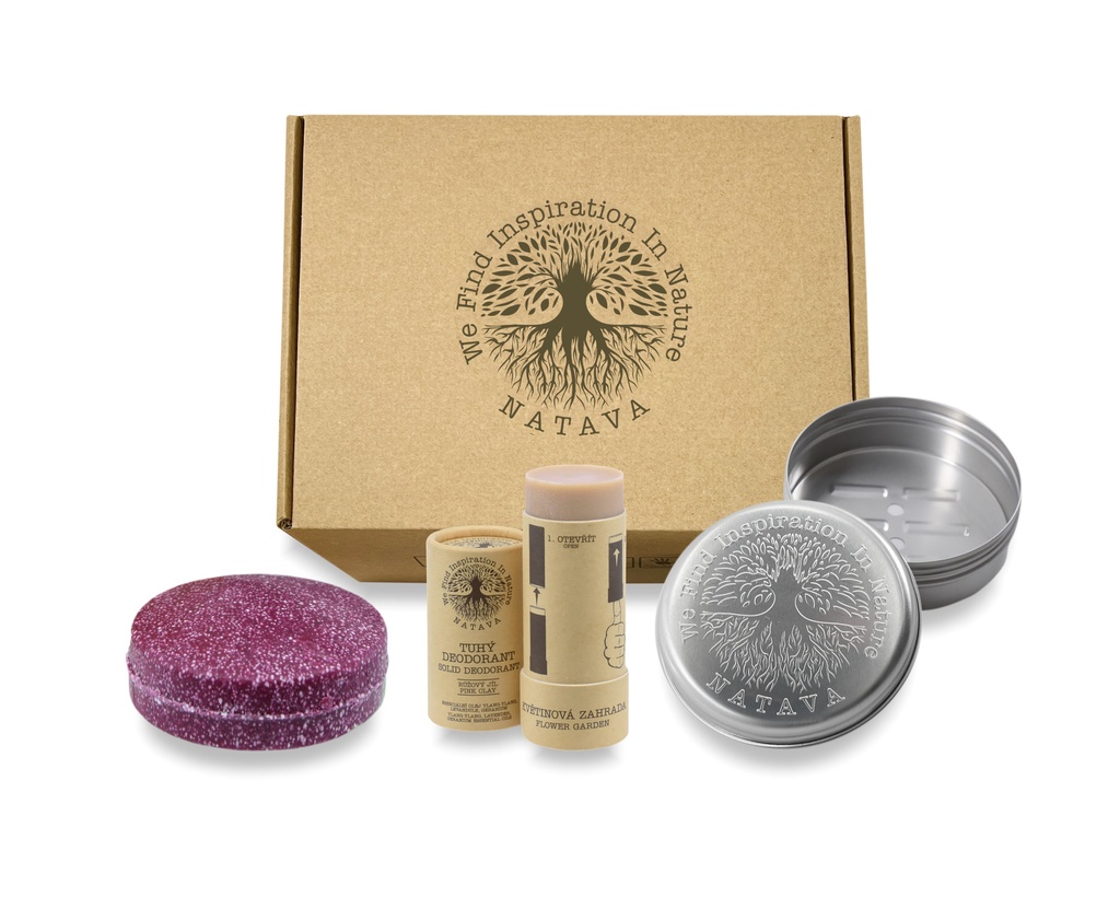 8596048011334 -Dárkové balení kosmetiky NATAVA na cesty - šampon Ylang-ylang, deo Květinová zahrada, mýdlenka