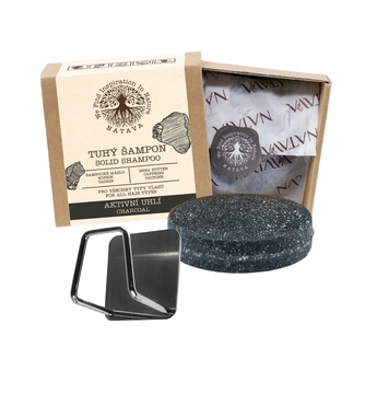 NATAVA Tuhý šampon - Aktivní uhlí 85 g + držák zdarma