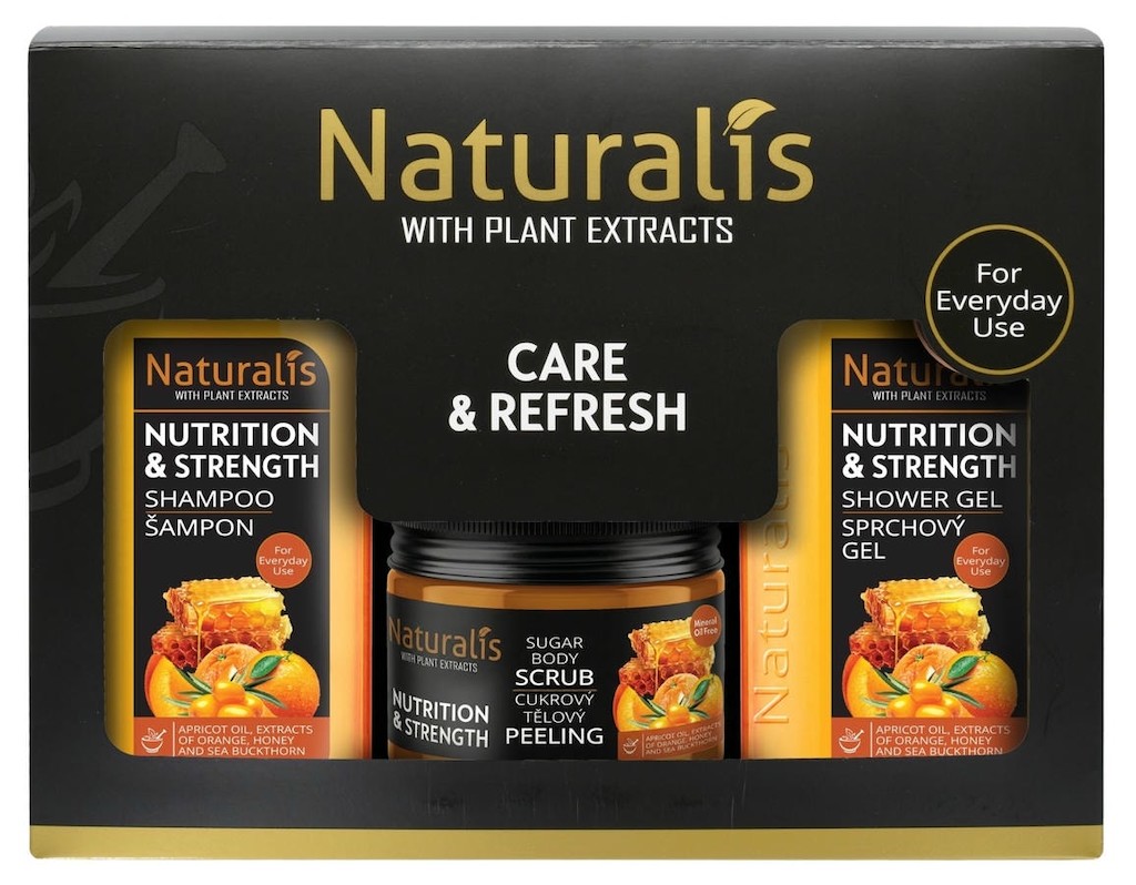 NATURALIS dárková kazeta NUTRITION & STRENGTH (šampon + tělový scrub + sprchový gel) 800ml + 250g