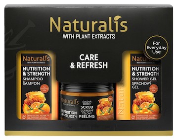 NATURALIS dárková kazeta NUTRITION & STRENGTH (šampon + tělový scrub + sprchový gel) 800ml + 250g