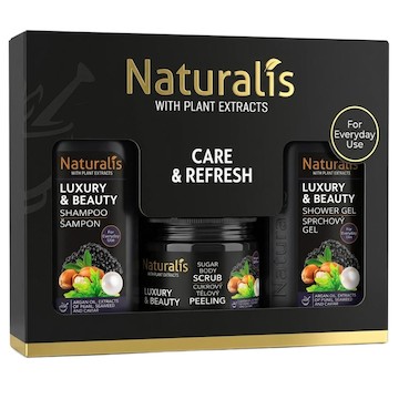 NATURALIS dárková kazeta LUXURY & BEAUTY (šampon + tělový scrub + sprchový gel) 800ml + 250g