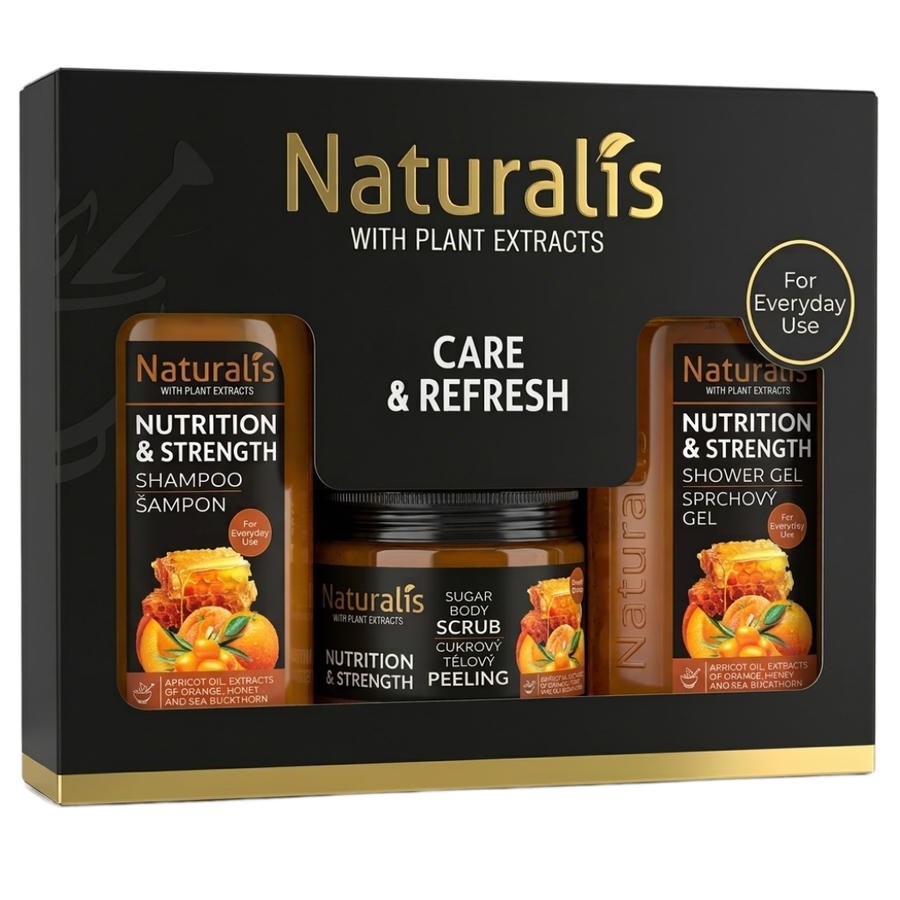 NATURALIS dárková kazeta NUTRITION & STRENGTH (šampon + tělový scrub + sprchový gel) 800ml + 250g