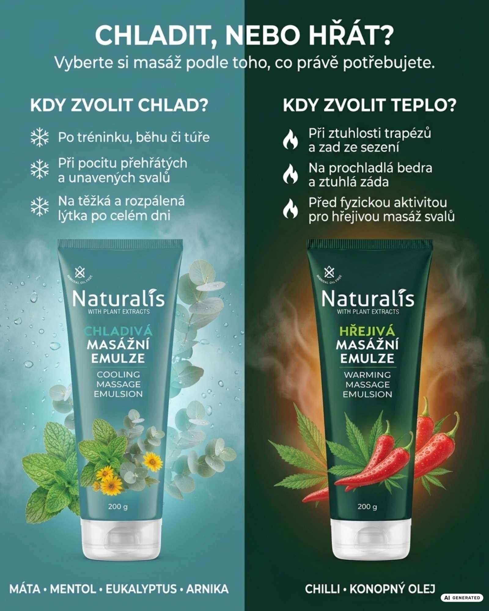 Chladit, nebo hřát? Srovnání chladivé a hřejivé masážní emulze Naturalis